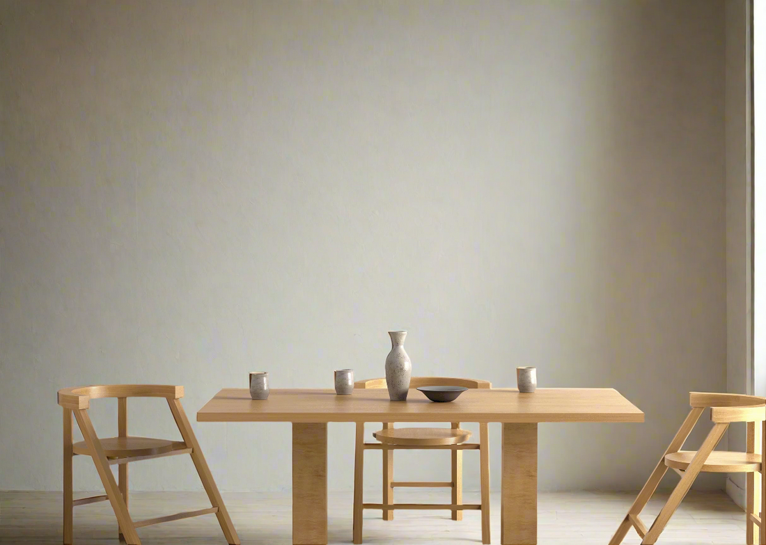 Wooden dining table with chairs against empty beige walls