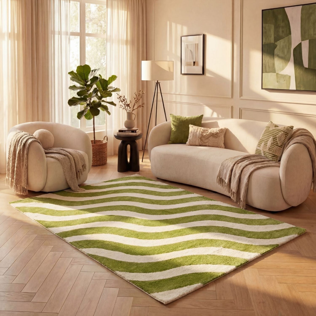 Joli Wave Green & White Rug | Rectangular | 80x150cm − 200x290cm The Rugs